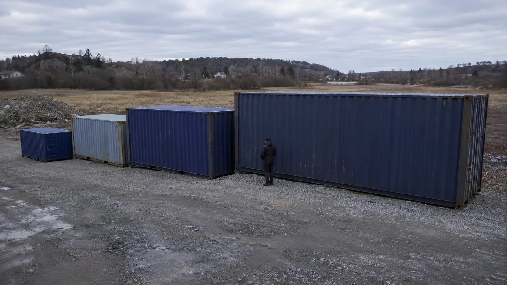 Størrelsessammenligning af 8, 10, 20 og 40 fods containere side om side på grusplads med målangivelser i meter
