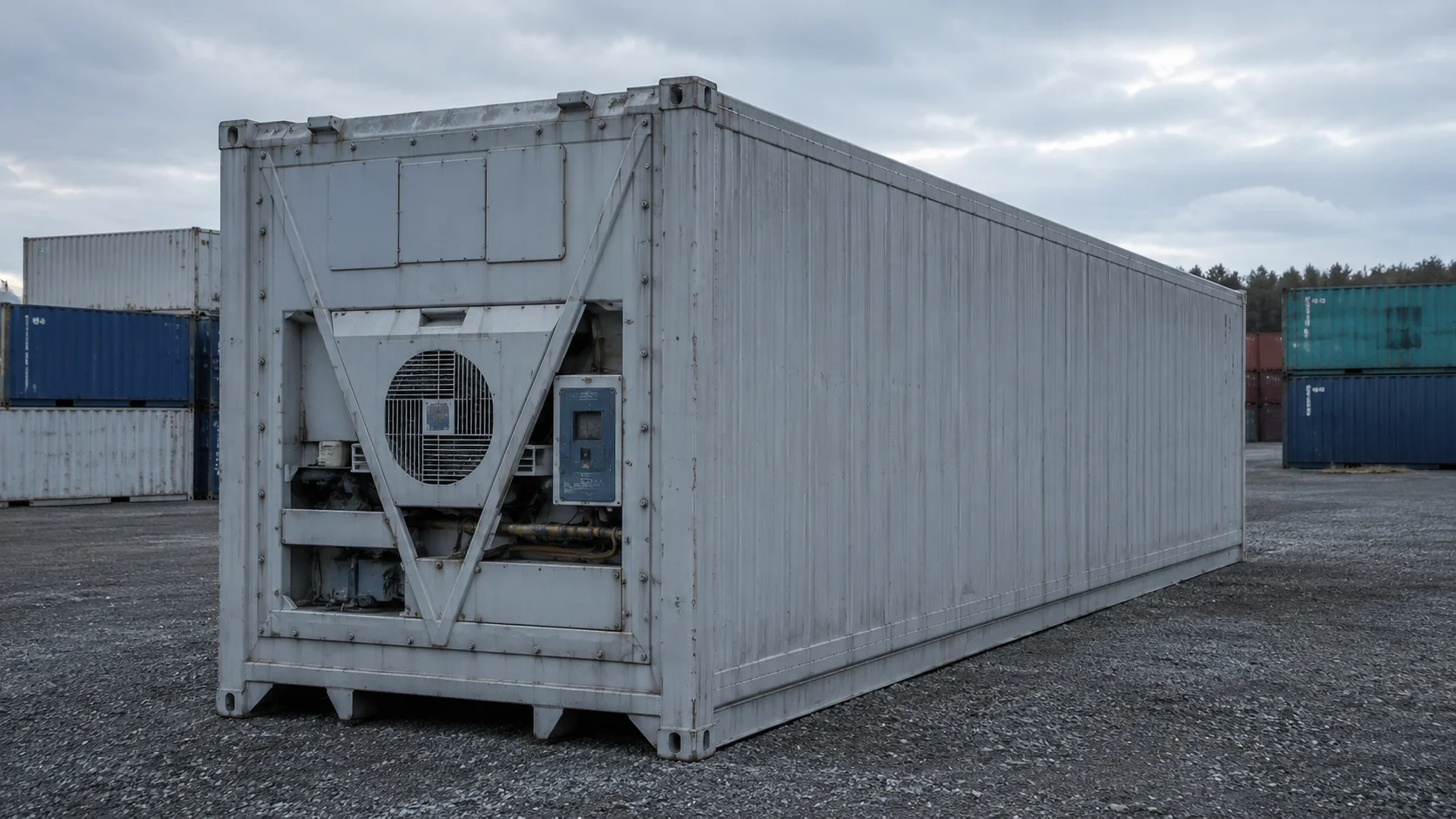 Kølecontainer med kompressorenhed og isolerede kølerumsdøre på en industriplads