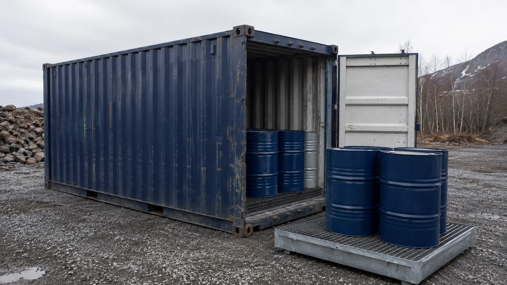 Grå miljøcontainer med opsamlingskar til opbevaring af kemikalier og olie på grusplads