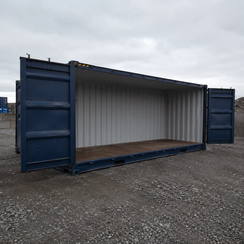 Gaffeltruck læsser paller ind gennem sidedørene på en 20 fods sidedørscontainer