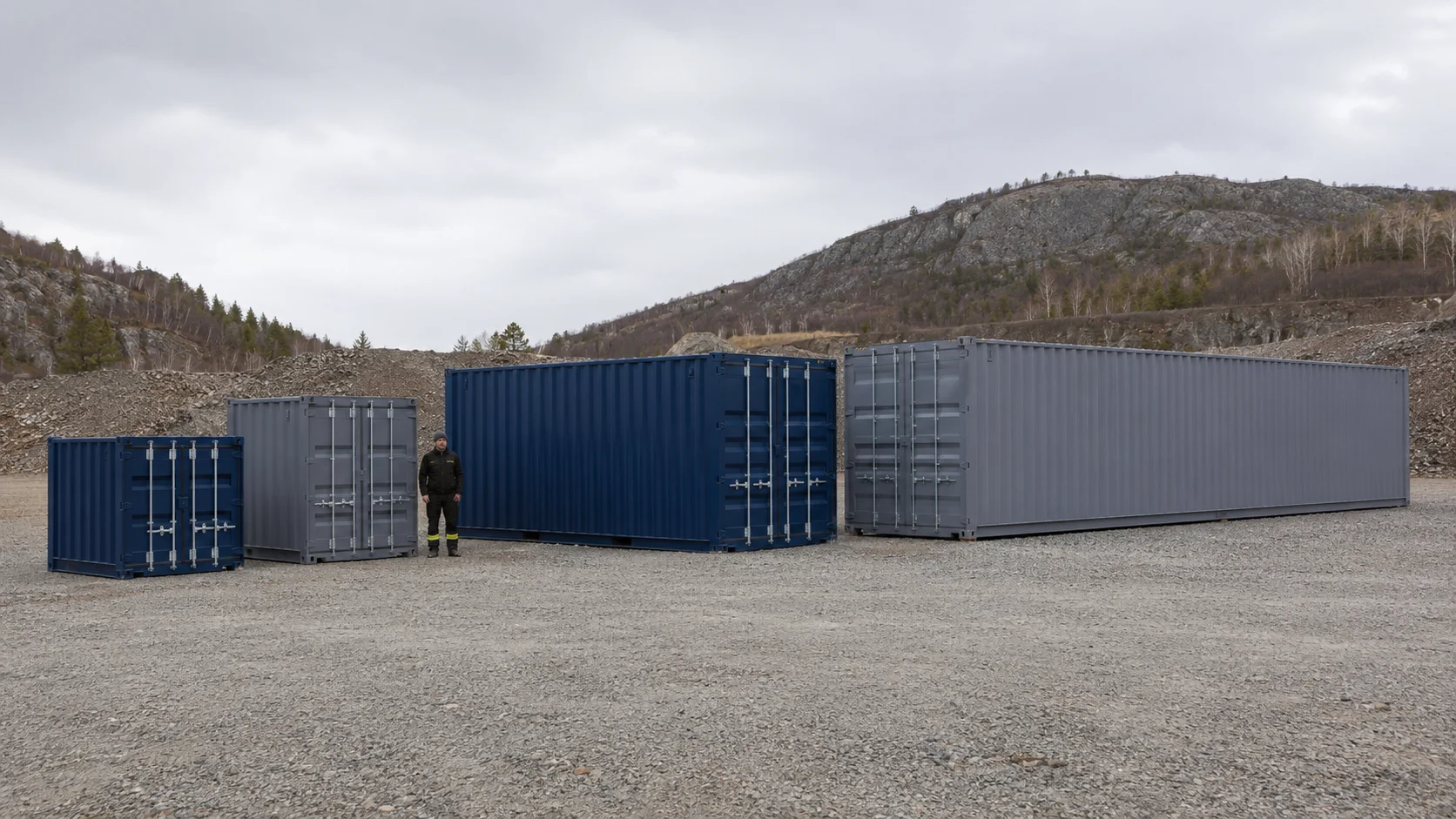 8, 10, 20 og 40 fods containere opstillet ved siden af hinanden i et depot, med en person som størrelsesreference