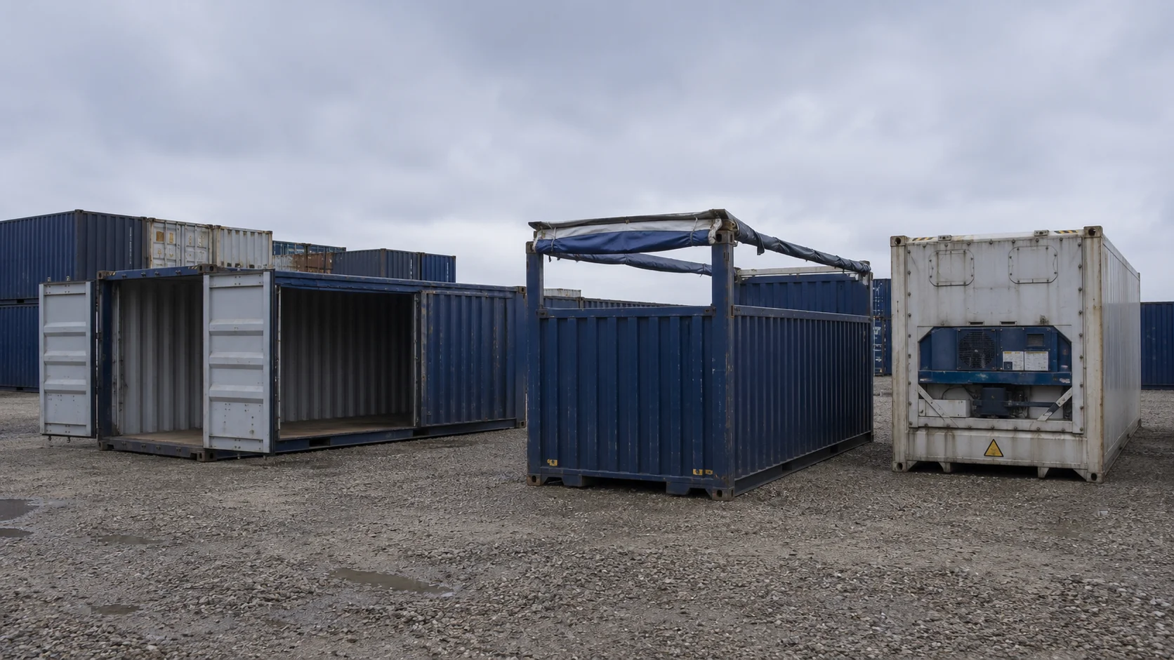 Række af specialcontainere på grus, isoleret, køle og sidedørs variant klar til levering