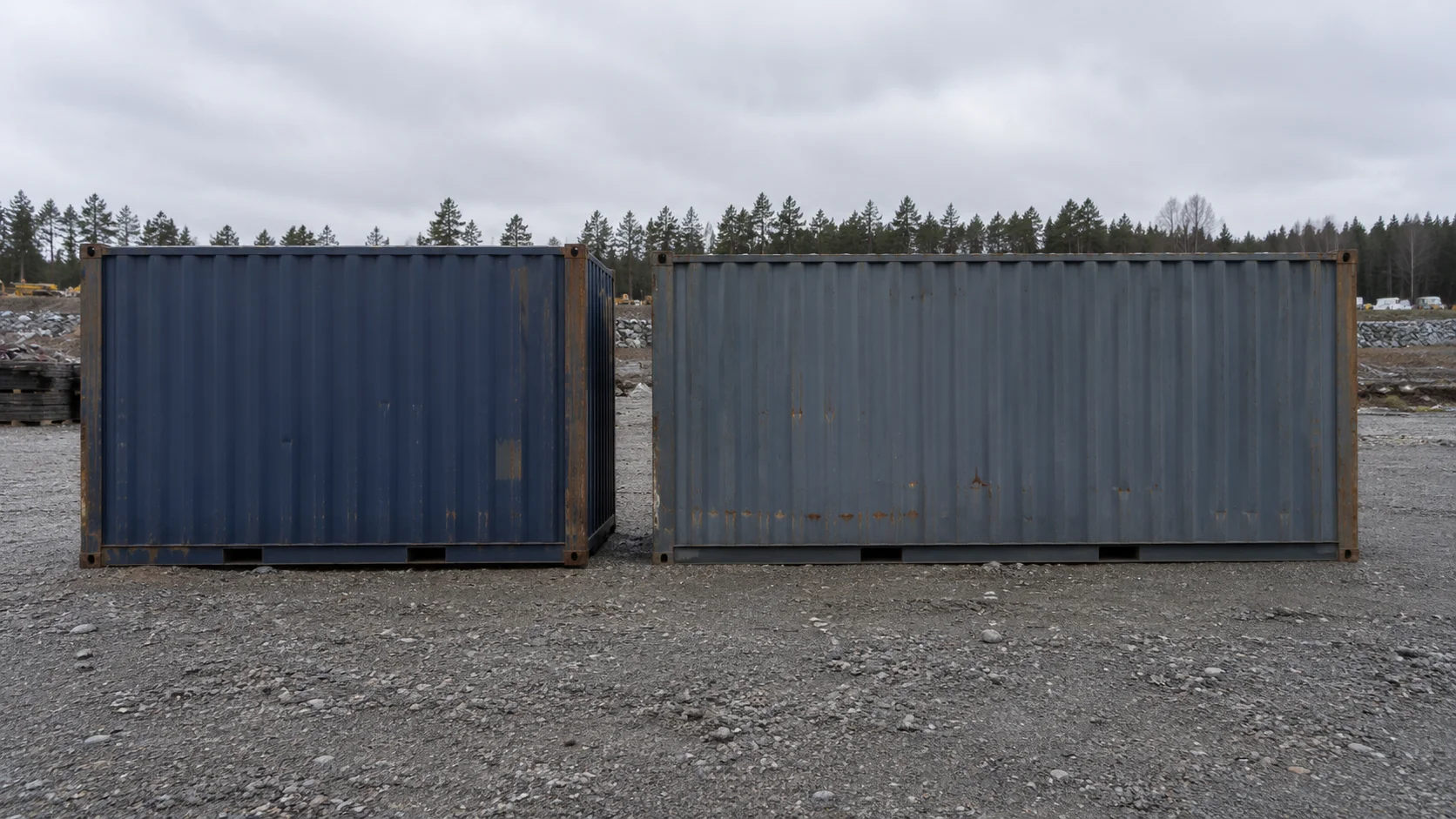8 fods og 10 fods container stående side om side på grus til direkte størrelsessammenligning