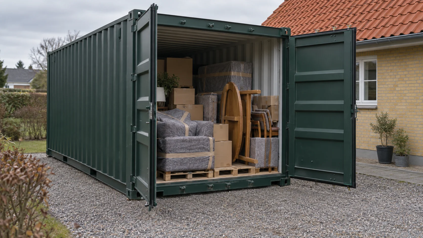 Grøn 20 fods container med åbne døre i en dansk indkørsel, fyldt med tæppeindpakkede møbler, spisebord og flyttekasser på paller