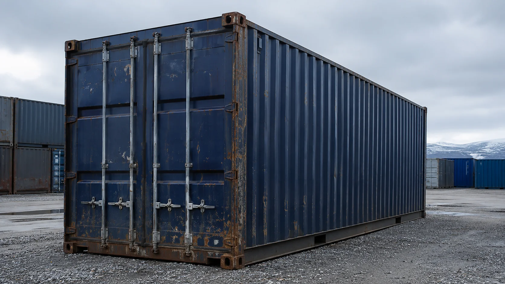 Ældre skibscontainer med overfladerust omkring dørkarmen på containerplads