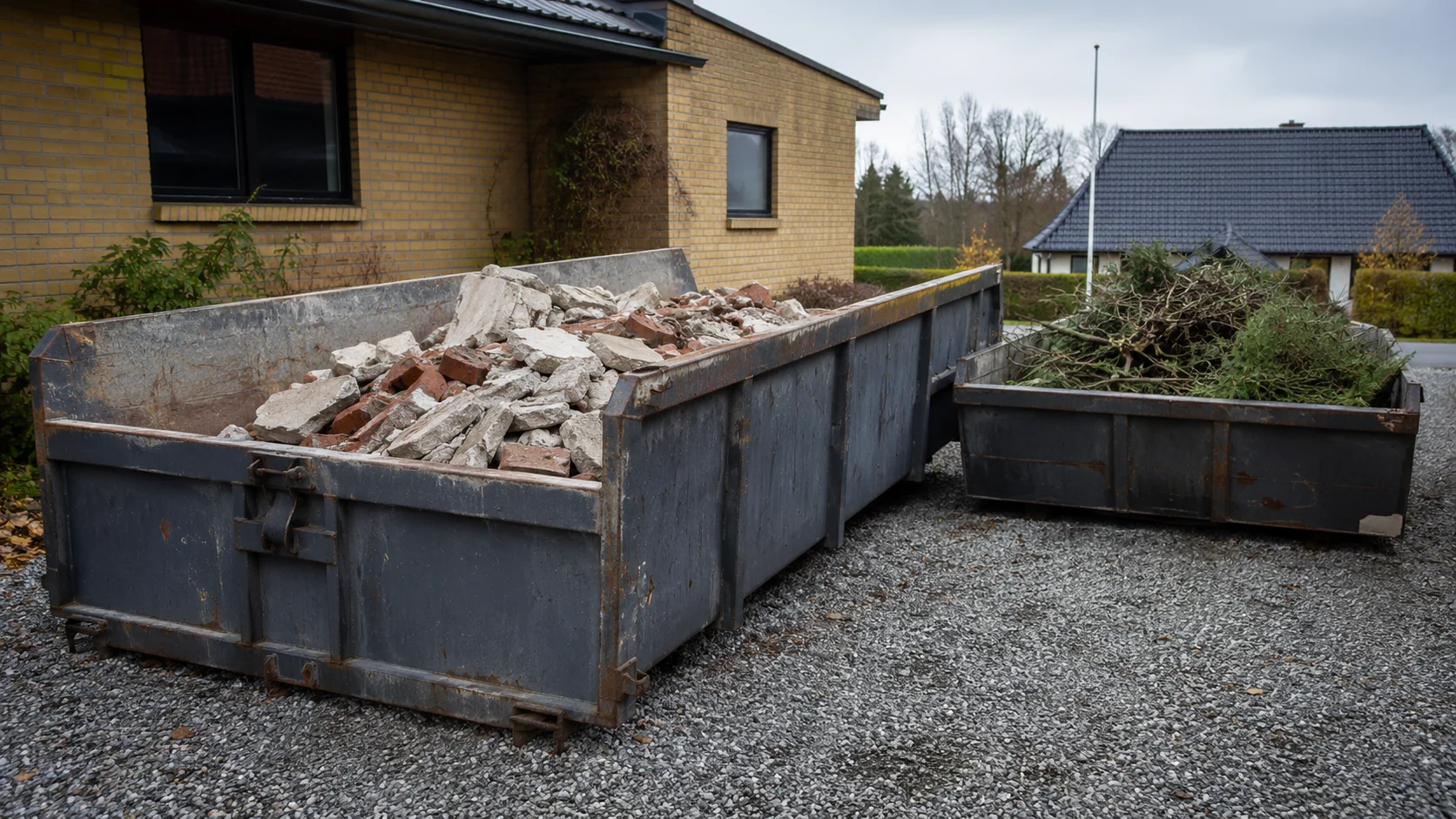 Åben affaldscontainer halvt fyldt med sorteret beton og mursten på en grusindkørsel, ved siden af en mindre container med grene og hækafklip