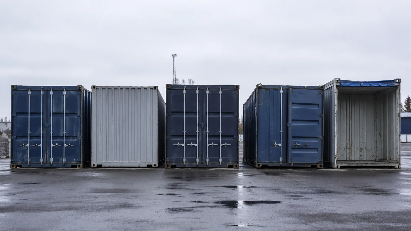 Fem forskellige containertyper opstillet ved siden af hinanden på en oplagsplads