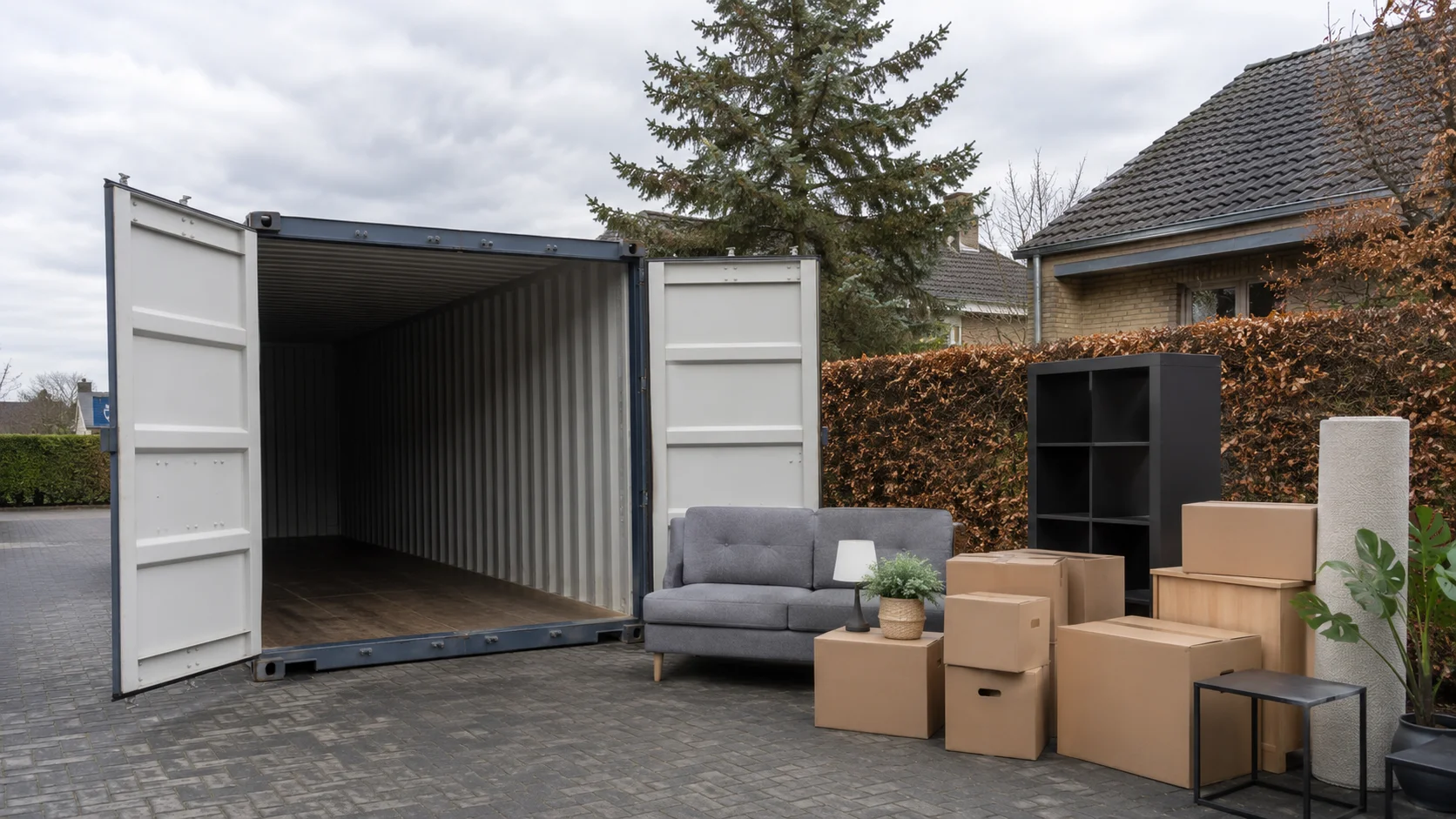 Åben 20 fods flyttecontainer på indkørsel med flyttekasser og møbler klar til pakning