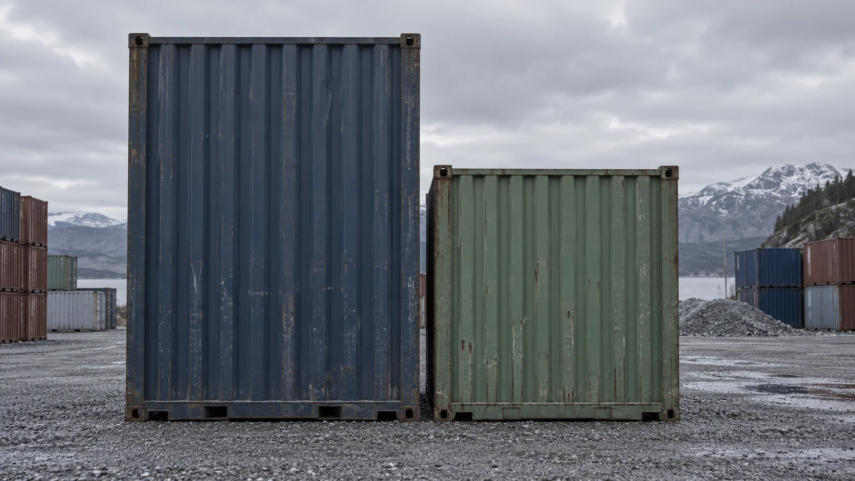 To containere ved siden af hinanden på grus, hvor den ene er tydeligt højere end den anden og viser højdeforskellen mellem high cube og standard