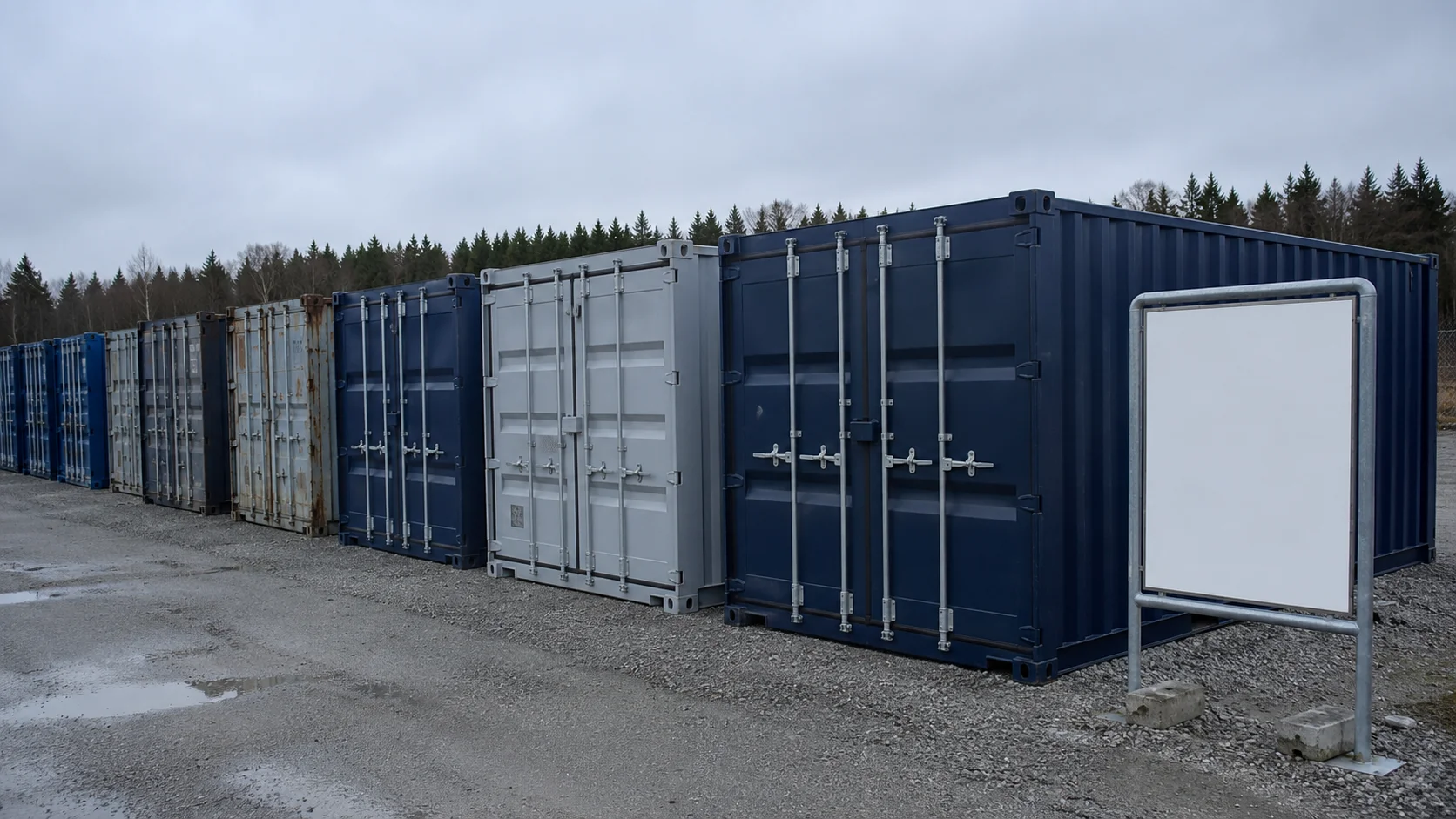 Prisskilt ved siden af en række nye og brugte containere klar til salg