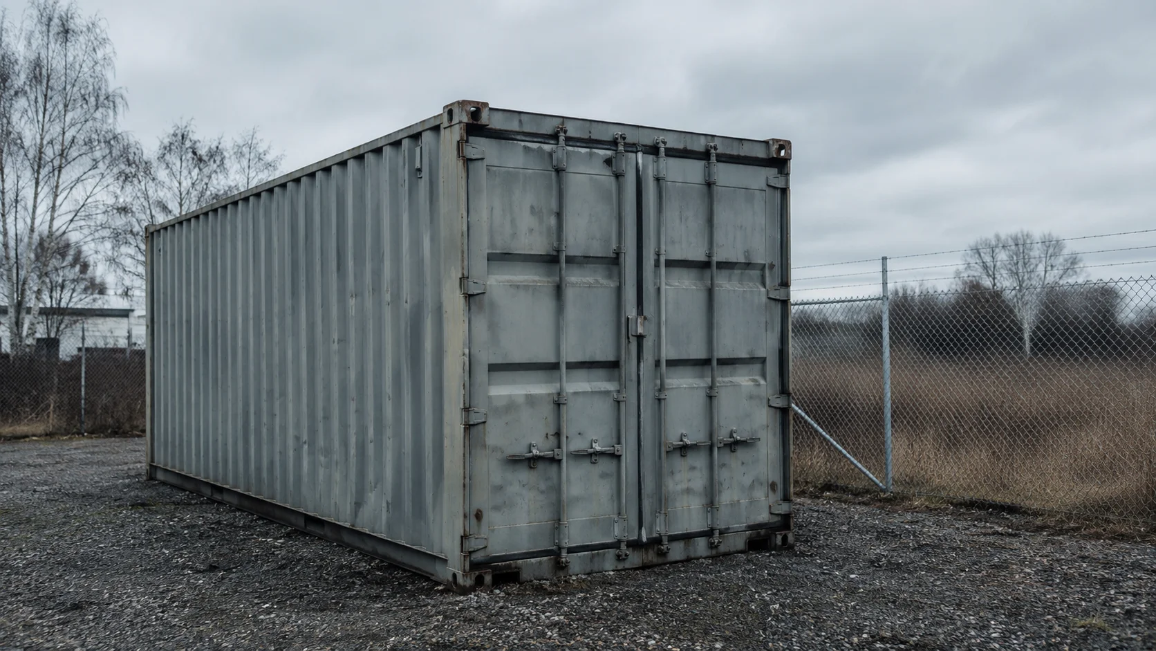 Lejet opbevaringscontainer placeret på en indhegnet grund