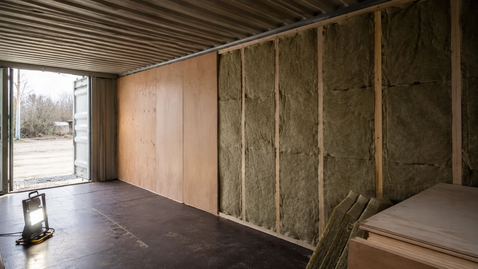Container-væg under isolering med mineraluld mellem lægter og delvis krydsfiner-beklædning