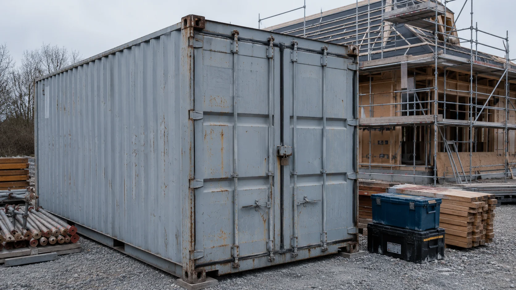 Umærket 20 fods materialecontainer med hængelås på dansk byggeplads, omgivet af stilladsrør, tømmer og værktøjskasser