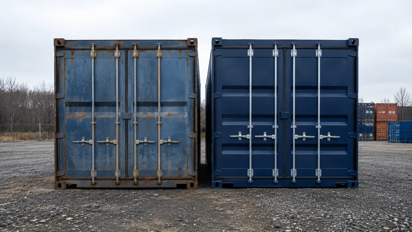 En brugt og en ny 20 fods container side om side på grus, til sammenligning af stand