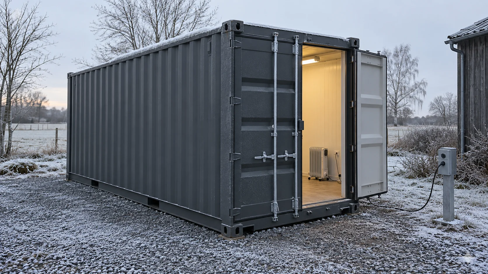 Isoleret container på en frostklædt grusplads med åbne døre, lys indenfor og en elradiator tilsluttet en udendørs strømstander