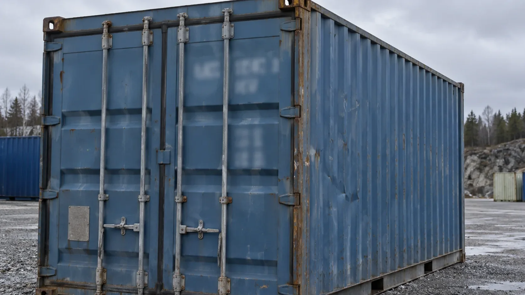 Brugt blå skibscontainer med lukkede døre, dataplade og lettere rust i kanterne på en grusplads