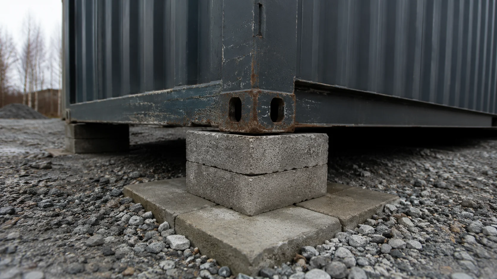 Container-hjørne der hviler på støbte fundamentklodser og fliser på grus, med vægten samlet i hjørnebeslaget