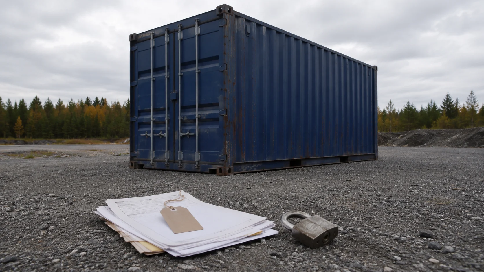 Blå brugt container på grusplads med en bunke fakturaer, et blankt prisskilt og en hængelås i forgrunden