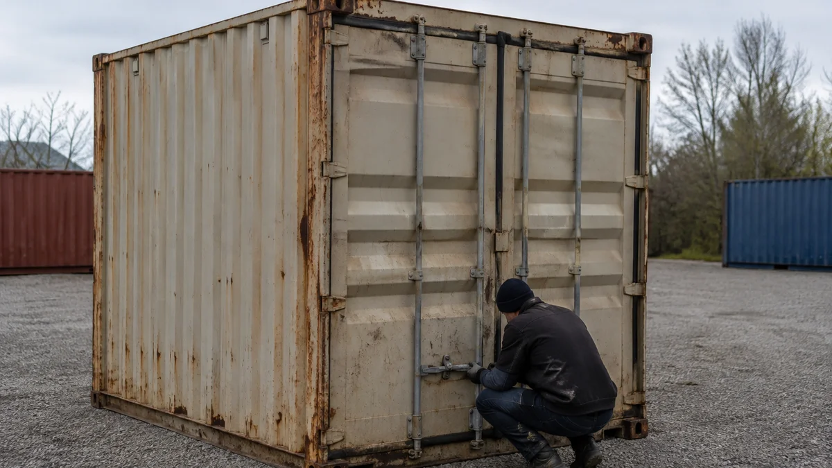 Person efterser låsestænger og dørparti på en slidt brugt container på en dansk containerplads med grus